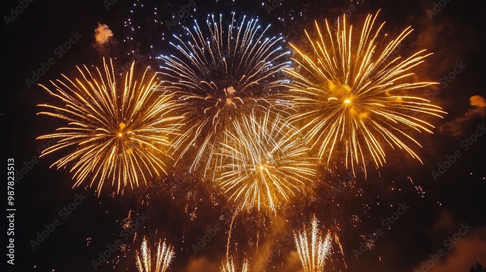Poster golden fireworks exploding on dark night sky background
