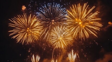 Golden fireworks exploding on dark night sky background