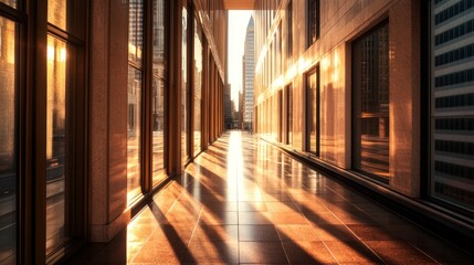 Sunbeams Illuminating an Empty Office Building Corridor