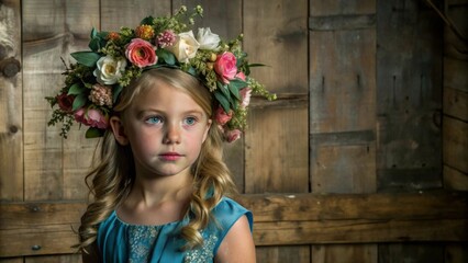 Young girl with floral crown, wooden background