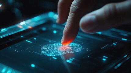 Fototapeta premium A finger touches a digital fingerprint scanner, showcasing biometric technology.