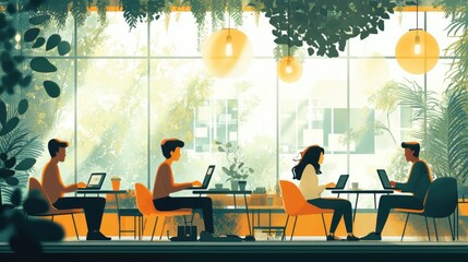 Modern Coworking Space with Remote Workers Using Laptops in a Lush, Green Office Environment