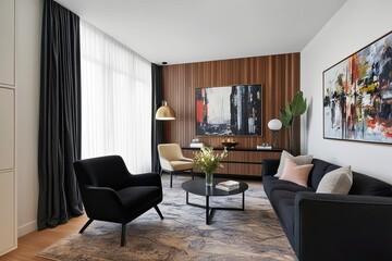Contemporary Art-Inspired Living Room Design with Black Armchair and Timber Wall in a Stylish Studio Apartment