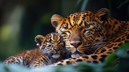 Fototapeta premium Leopard mother and cub sleeping peacefully