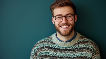 Fototapeta premium Hipster man smile fashion portrait beautiful sweater copyspace trendy happiness young face handsome