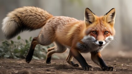 Fototapeta premium This stunning photograph captures the exhilarating moment of a wild fox pouncing on hidden prey, showcasing its remarkable agility and focus. The fox is caught mid-air, with its body arched and eyes i