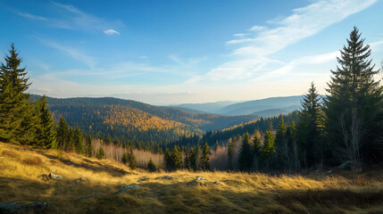 A beautiful mountain vista with a blue sky, green trees and golden grasses.