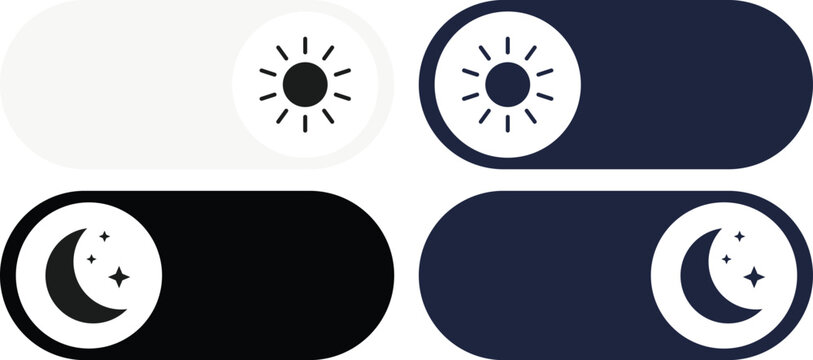 Day and night toggle switch icons set. Collection of on off. Sun and Moon icons for dark light mood. Dark mode and light mode switch button for website and mobile app. day night modes switch isolated.