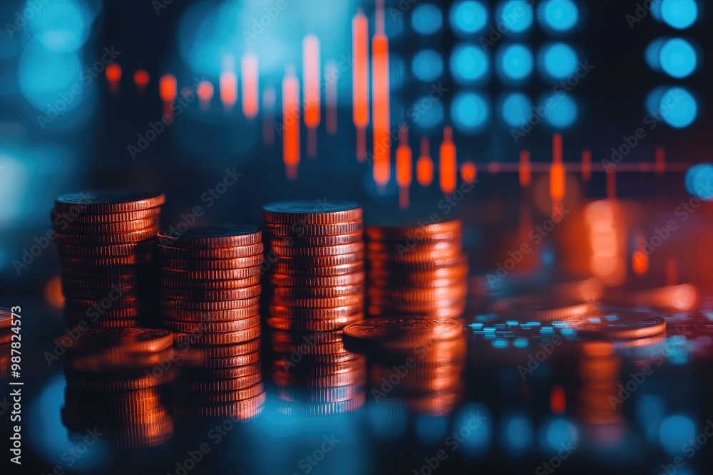 Poster stacks of coins reflecting rising stock market graph on monitor screen