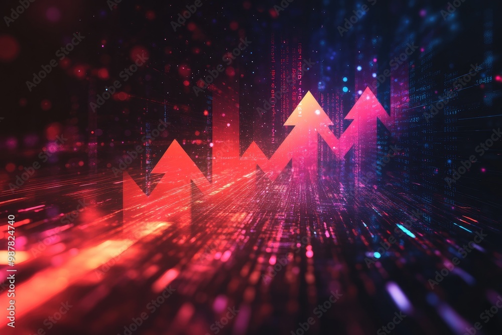 Poster red arrows are representing positive business growth in an abstract digital space