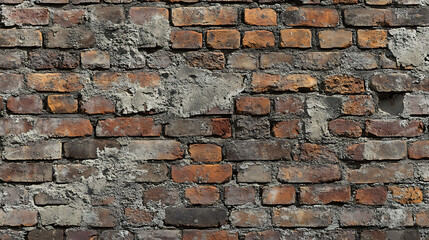 Obraz premium A brick wall with faded mortar and some missing bricks.