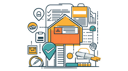 An illustration of a shipping box with various icons and symbols around it, representing the different steps involved in the delivery process.
