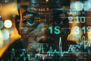 Stock trader is analyzing data from a computer screen at night, trying to predict market trends