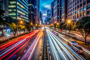 Obraz premium A busy city street with cars and lights. The lights are bright and the cars are moving quickly. Scene is energetic and bustling