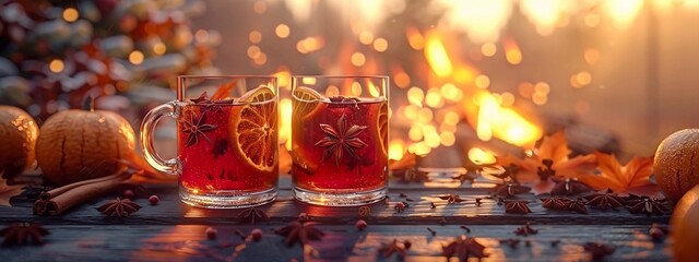 empty space for mockup presentation display Two glasses of autumn mulled wine with autumn leaves, atmosphere of autumnal splendor. 