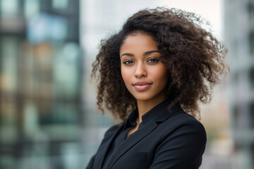 Confident Black businesswoman poses against a modern city backdrop on a bright, sunny day - Powered by Adobe