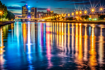 A city skyline is reflected in the water of a river. The lights of the city are visible in the water, creating a beautiful and serene scene