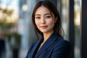 Confident Japanese businesswoman engaging with clients in a modern urban setting during daytime