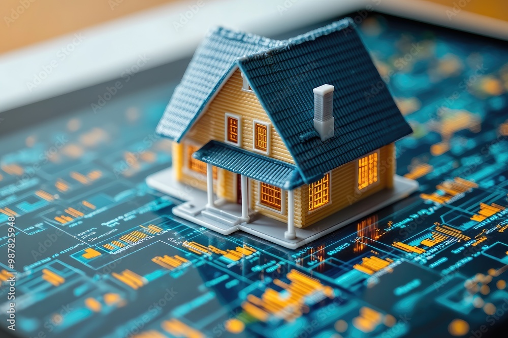 Poster Miniature house sitting on digital tablet displaying property value data