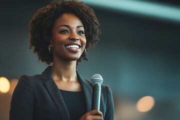 Young businesswoman making a speech at a conference