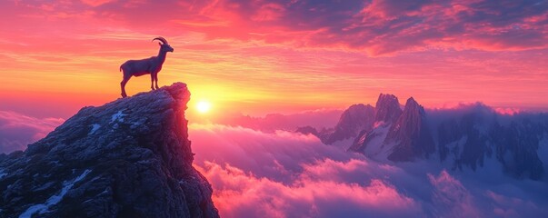 GOAT greatest of all time concept. A majestic goat standing on a mountain peak during a colorful sunset with clouds below.