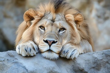 Obraz premium Close up portrait of majestic lion resting on rock. King of the jungle looking directly at camera, showing strength, power, and dominance.