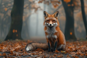 Red fox sitting in autumn leaves looking up intently