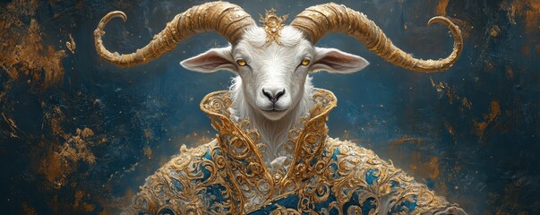 Obraz premium GOAT greatest of all time concept. A majestic goat adorned in elaborate attire with golden embellishments, set against a mystical background.