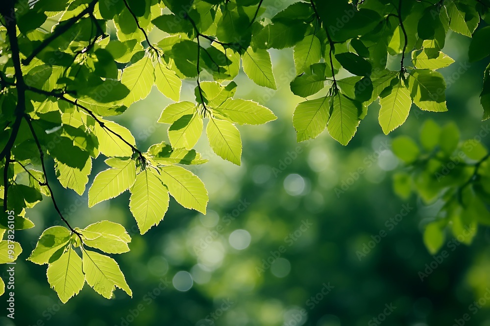 Canvas Prints Green leaves in sunlight with bokeh background. Spring, nature, and foliage background.