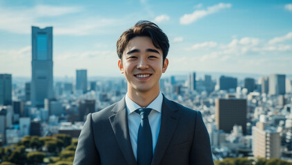 Fototapeta premium Young male office worker in a smart suit enjoying a sunny day with a city skyline backdrop