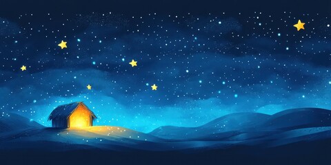 A serene night scene with a cozy cabin illuminated under a starry sky and rolling hills. A Christmas Nativity night scene concept.