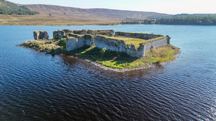 Aerial drone shot of Lochindorb castle on its own island in the middle of the water