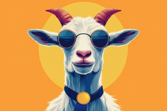 GOAT greatest of all time concept. A cool goat wearing sunglasses with a bright orange background.