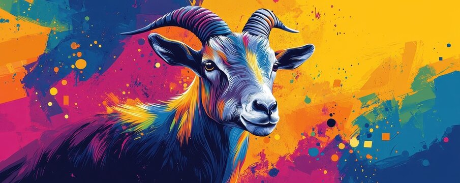 GOAT greatest of all time concept. A vibrant and colorful representation of a goat with artistic splashes in the background.