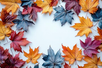 Colorful autumn maple leaves making frame on white background
