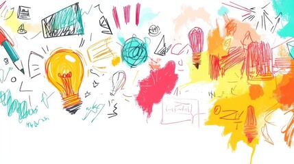 Fototapeta premium A colorful illustration featuring light bulbs, tools, and creative doodles symbolizing ideas.