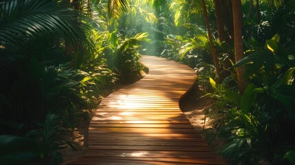 Wooden path winding through lush tropical forest
