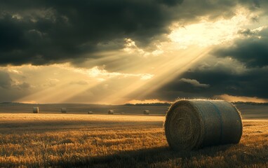 Obraz premium Golden light streams through the clouds illuminating a hay bale in a field.