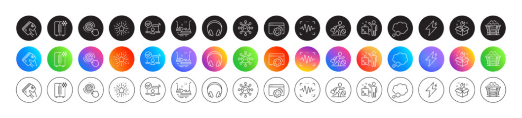 Spanner, Seo gear and Strategy line icons. Round icon gradient buttons. Pack of Home facility, Bumper cars, Wallet icon. Cogwheel settings, Voice wave, Power pictogram. Vector