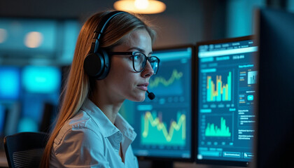 Focused female IT technician in a modern office, assisting with technology and data inquiries.






