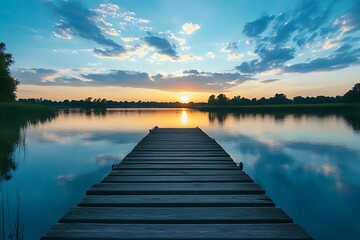 Wooden dock leading to a lake at sunset. Tranquil summer evening scene with reflections on water.