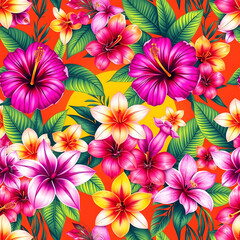 Obraz premium Hibiscus and lily flowers. Seamless pattern