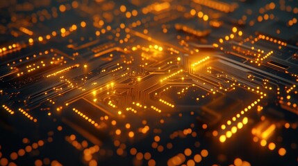 Obraz premium A close-up of a circuit board illuminated with orange lights, showcasing technology and design.