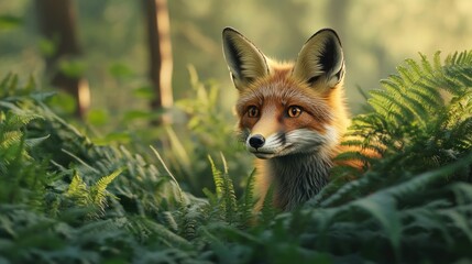 Fototapeta premium A fox peeks through lush ferns in a serene forest setting.