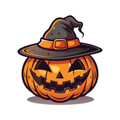 Halloween scary pumpkin with witch hat illustration