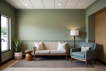 Scandinavian Loveseat Design with Light Sage Walls for Cozy Lobby Decor