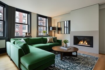 Modern Urban Apartment with Green Sectional Sofa and Gas Fireplace Design Elements