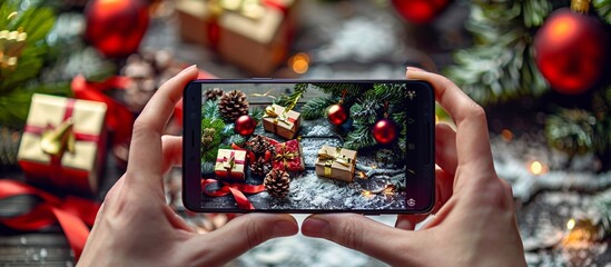 Hands holding smartphone to photograph gift boxes decorated with golden ribbon on floor under Christmas tree. image highlights beauty of Christmas background with copy space. Winter holidays concept