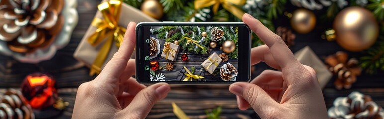 Hands holding smartphone to photograph gift boxes decorated with golden ribbon on floor under Christmas tree. image highlights beauty of Christmas background with copy space. Winter holidays concept