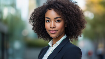 Fototapeta premium A stylish Black businesswoman confidently poses in an urban landscape during golden hour